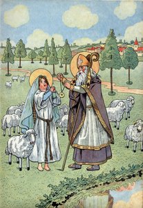 تاريخ فرنسا. مشهد من حياة Sainte Genevieve مع الألعاب: يمر Eveque Saint Germain d'Auxerre (V.378-448) بالميدالية المتساقطة من السماء حول رقبة Sainte Genevieve (الآيات 423-512) ، الراعي الذي كان يرعى أغنامه في نانتير. في "Let's pla