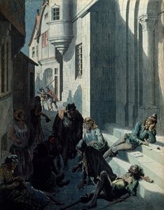 تاريخ فرنسا في العصور الوسطى (العصور الوسطى): فرانسوا دي مونتكوربييه المعروف باسم فرانسوا فيلون (1431-1463؟) ، شاعر ، يؤلف أعماله في بؤس شوارع باريس. رسم توضيحي لجاك ماري غاستون أونفراي دي بريفيل Dit JOB (1858-1931) بواسطة اسم مستعار لـ Onfray de Breville Jacques Job