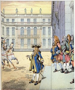 كدت أنتظر! قالت كلمات لويس الرابع عشر ملك فرنسا إن الملك سولي (1638-1715) تحدث أمام قلعة فرساي عندما وصلت خيوطه في الوقت المحدد. رسم توضيحي للوظيفة (جاك ماري غاستون أونفراي وبريفيل) (جاك ماري)