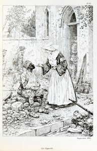 رسم توضيحي من كتاب "La Grande Guerre par les Artes": "La cigarette Septembre 1914" "" ديني يعطي سيجارة لجندي جريح بقلم جاك ماري جاستون أونفراي دي بريفيل ديت جوب (1858-1931) ، مجموعة بارتيال بواسطة اسم مستعار لـ Onfray de Breville Jacques Job