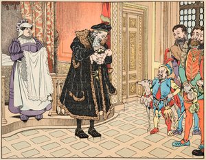 رسم توضيحي من كتاب "Le bon roy Henri" ، الذي رسمه جاك ماري جاستون أونفراي دي بريفيل ديت جوب (1858-1931): ولادة هنري الرابع ، جده ، هنري دالبريت (1503-1555) يفرك شفتيه بقطعة فص ثوم - مجموعة خاصة بواسطة اسم مستعار لـ Onfray de Breville Jacques Job