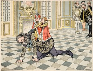 رسم توضيحي من كتاب "Le bon roy Henri" ، الذي رسمه جاك ماري جاستون أونفراي دي بريفيل ديت جوب (1858-1931): أمام السفير الإسباني ، يلعب هنري الرابع مع أطفاله - مجموعة خاصة بواسطة اسم مستعار لـ Onfray de Breville Jacques Job