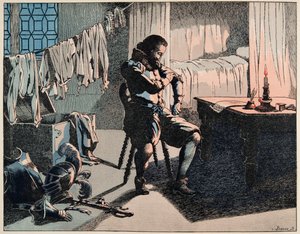 رسم توضيحي من كتاب "Le bon roy Henri" ، الذي رسمه جاك ماري جاستون أونفراي دي بريفيل ديت جوب (1858-1931): في عام 1589 ، أصبح هنري ملك فرنسا ، ولكن بدون نقود - مجموعة خاصة بواسطة اسم مستعار لـ Onfray de Breville Jacques Job
