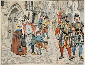 رسم توضيحي مأخوذ من كتاب "Le bon roy Henri" ، الذي رسمه جاك ماري جاستون أونفراي دي بريفيل ديت جوب (1858-1931): يرى الباريسيون بعيون سيئة أن القوات الأجنبية تأتي لمساعدتهم - مجموعة خاصة بواسطة اسم مستعار لـ Onfray de Breville Jacques Job