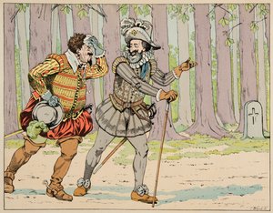 رسم توضيحي مأخوذ من كتاب "Le bon roy Henri" "، الذي رسمه جاك ماري جاستون أونفراي دي بريفيل ديت جوب (1858-1931): منح هنري الرابع عفوه إلى شارل دي لورين (1554-1611) دوق ماين بعد إجباره لقليل من التمرين - بريفا بواسطة اسم مستعار لـ Onfray de Breville Jacques Job