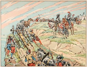 رسم توضيحي مأخوذ من كتاب "Le bon roy Henri" ، الذي رسمه جاك ماري غاستون أونفراي دي بريفيل ديت جوب (1858-1931): أنشأ هنري الرابع معسكره بالقرب من دييب بمدفعيته - مجموعة خاصة بواسطة اسم مستعار لـ Onfray de Breville Jacques Job
