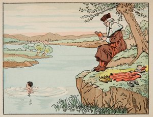 رسم توضيحي مأخوذ من كتاب "Le bon roy Henri" ، الذي رسمه جاك ماري جاستون أونفراي دي بريفيل ديت جوب (1858-1931): التعليم في القرن السادس عشر: السباحة - مجموعة خاصة بواسطة اسم مستعار لـ Onfray de Breville Jacques Job