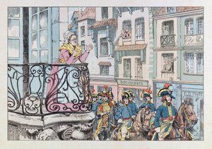 جاك ماري غاستون أونفراي دي بريفيل ديت جوب (1858-1931) ؛ رسم توضيحي من كتاب "Les epees de France": الجنرال لويس لازار هوش (1768-1797) يتنجس على رأس قواته ؛ كول ، جزء بواسطة اسم مستعار لـ Onfray de Breville Jacques Job