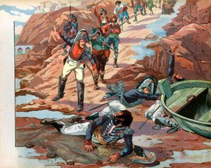 يواكيم مراد (1767-1815) ، ديشو ملك نابولي ، تم أسره في بيتزو في كالابريا من قبل حشد معاد في عام 1815. نقش لجاك ماري غاستون أونفراي دي بريفيل ديت أيوب (1858-1931) بواسطة اسم مستعار لـ Onfray de Breville Jacques Job