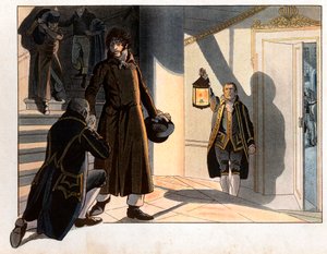 فر يواكيم مراد (1767-1815) من قصره في نابولي ليلة 19 إلى 20 مايو 1815 ليعود إلى فرنسا بعد هزيمته أمام النمساويين. نقش لجاك ماري غاستون أونفراي دي بريفيل ديت جوب (1858-1931) بواسطة اسم مستعار لـ Onfray de Breville Jacques Job