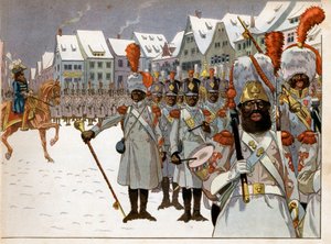 يواكيم مراد (1767-1815) أنقذ قيادة الجيش بعد مغادرة الإمبراطور لروسيا. في مقره الرئيسي في كونيغسبيرغ يراجع شركة من السود. نقش لجاك ماري غاستون أونفراي دي بريفيل ديت جوب (1858-1931) بواسطة اسم مستعار لـ Onfray de Breville Jacques Job