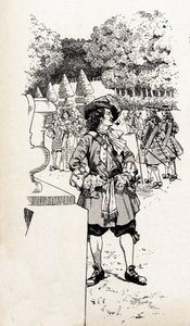 دعا الملك لويس الرابع عشر ملك فرنسا الملك سولاي (1638-1715) مع حاشيته في حدائق فرساي. رسم توضيحي لأيوب (جاك ماري غاستون أونفراي وبريفيل) (جاك ماري) (1858-1931) لكتاب "الكلمات التاريخية العظيمة لبلد فرنسا" بواسطة اسم مستعار لـ Onfray de Breville Jacques Job