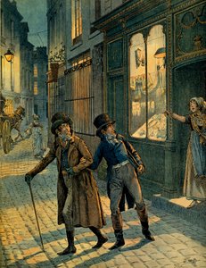 Louis Antoine Fauvelet de Bourrienne (1769-1834) و Napoleon I Bonaparte (1769-1821) في شوارع باريس متخفيًا. رسم توضيحي لجاك ماري غاستون أونفراي دي بريفيل ديت جوب (1858-1931). مجموعة خاصة بواسطة اسم مستعار لـ Onfray de Breville Jacques Job