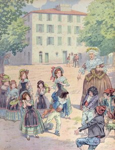 نابليون بونابرت (1769-1821) عندما كان طفلاً في نزاع مع رفاقه أمام منزله في أجاكسيو ، كورسيكا ، حوالي عام 1910 (لون ليثو) بواسطة اسم مستعار لـ Onfray de Breville Jacques Job