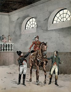 حضر نابليون بونابرت (1729-1821) دروس ركوب الخيل للإعجاب النمساوي ماري لويز (1791-1847). في "" نابليون "لجورج مونتورجيل. رسم توضيحي لجاك ماري غاستون أونفراي دي بريفيل Dit JOB (1858-1931) بواسطة اسم مستعار لـ Onfray de Breville Jacques Job