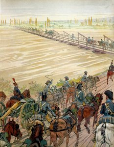 مر نابليون بونابرت (1769-1821) وجيشه على نهر الراين في 1 أكتوبر 1805. في "" نابليون "لجورج مونتورجيل. رسم توضيحي لجاك ماري غاستون أونفراي دي بريفيل Dit JOB (1858-1931) بواسطة اسم مستعار لـ Onfray de Breville Jacques Job