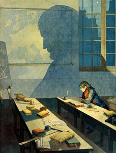 Napoleon I Bonaparte (1769-1821) studying at the Royal Military School of Brienne (school run by the Minimes in the Aube, Champagne Ardennes). Its shadow falls on the geographic map of Europe. Illustration by Jacques Marie Gaston Onfray de Breville dit JOB