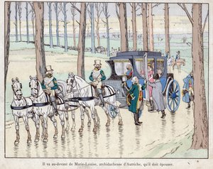 لقاء نابليون مع أرشيدوقة النمسا ماري لويز - 1810 - الطباعة الحجرية بواسطة Job (Jacques Onfroy de Breville) من "" Le Grand Napoleon des Petites Enfants "" "1893 بواسطة اسم مستعار لـ Onfray de Breville Jacques Job