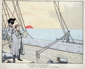 نابليون على متن HMS Bellerophon 1815 - الطباعة الحجرية بواسطة Job (Jacques Onfroy de Breville) من "" Le Grand Napoleon des Petites Enfants "" "1893 بواسطة اسم مستعار لـ Onfray de Breville Jacques Job