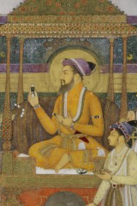 تفاصيل من الإمبراطور شاه جهان على عرش الطاووس ، 1640 (مرحاض غير شفاف وذهب على ورق) بواسطة ابن عقا رضا عابد