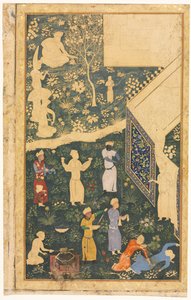 الجانب الأيسر من ورقة ألبوم مكونة من صفحتين: خارج معسكر ملكي (وجه الصفحة) بواسطة style of Bihzad