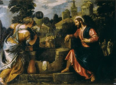 المسيح والمرأة السامرية عند البئر. اللوحة التي رسمها باولو كالياري قال باولو فيرونيس (1528-1588) ، 1580. Real Monasterio de San Lorenzo de El Escorial. بواسطة فيرونيز