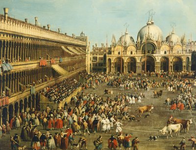 مصارعة الثيران أو صيد الثيران في ساحة سان ماركو ، بواسطة قناة جيوفاني أنطونيو ، المعروفة باسم كاناليتو (1697-1768) وجيوفاني باتيستا سيمارولي (1687 - بعد 1753) ، زيت على قماش ، 99 × 145 سم بواسطة كاناليتو