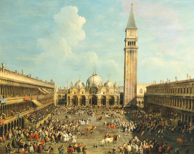 Bullfighting or Bull hunting in Piazza San Marco, by Giovanni Antonio Canal, known as Canaletto (1697-1768) and by Giovanni Battista Cimaroli (1687-after 1753), oil on canvas, 99x145 cm بواسطة كاناليتو