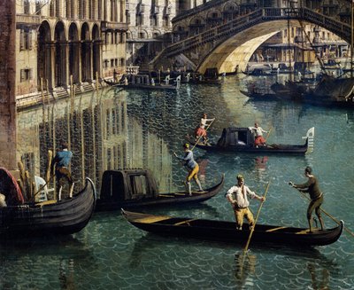 The Rialto Bridge in Venice, detail (oil on canvas) بواسطة كاناليتو