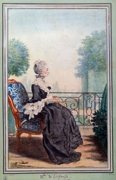 صورة كاملة الطول لجولي دي ليسبيناس (1732-1776) امرأة ذات أحرف مائية رسمها لويس كاروجيس (1717-1806) في كارمونتيل. القرن الثامن عشر شانتيلي ، متحف كوندي بواسطة كارمونتيل