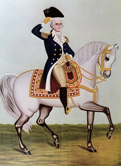 George Washington on horseback (colour litho) بواسطة (بعد) المدرسة الأمريكية