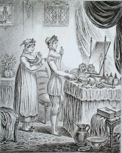 تقدم المرحاض: الإقامات ، محفور بواسطة جيمس جيلراي (1757-1815) نشرته هانا همفري في عام 1810 (حفر) بواسطة (بعد) المدرسة الإنجليزية