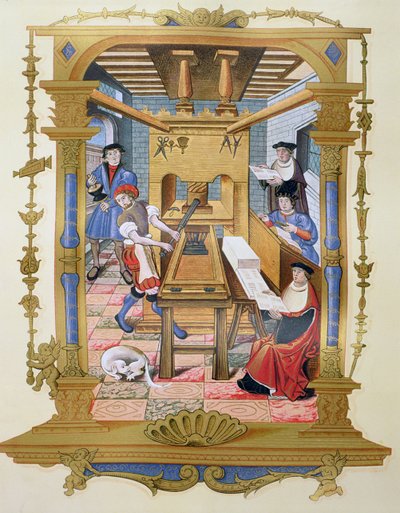 الجزء الداخلي من أعمال الطباعة في القرن السادس عشر ، نسخة من المنمنمات من "Chants royaux sur la Conception Couronnee du Puy de Rouen" (لون ليثو) بواسطة (بعد) المدرسة الفرنسية