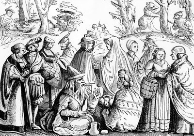 قراءة الطالع للغجر، بعد نقش خشبي في "Cosmographie Universelle" لمونستر، نُشر عام 1552 (صورة فوتوغرافية) (صورة فوتوغرافية بالأبيض والأسود) بواسطة (بعد) المدرسة الألمانية