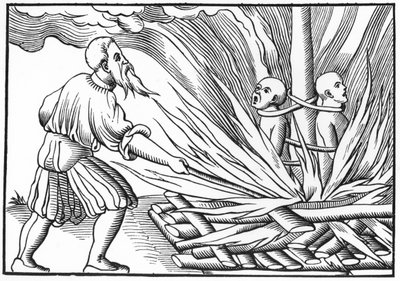 العقاب بالنار، بعد نقش خشبي في "كوزموغرافيا يونيفرسيل" لمونستر، نُشر عام 1552 (صورة فوتوغرافية) (صورة فوتوغرافية بالأبيض والأسود) بواسطة (بعد) المدرسة الألمانية