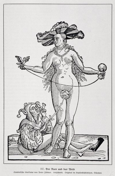 امرأة ورجل مجنون يدغدغ قضيبه بزهرة، "Der Rarr und das Weib"، "Geschichte des Erotischen Kunst" لإدوارد فوكس، برلين بواسطة (بعد) المدرسة الألمانية