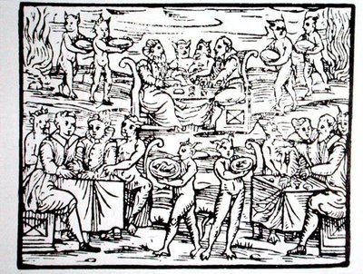 عيد الساحر ، نسخة من رسم توضيحي من "الخلاصة المالية Maleticarum" للأب M Guaccius ، ميلان 1608 ، مستخدم في "تاريخ السحر" ، نُشر في أواخر القرن التاسع عشر (نقش خشبي) بواسطة (بعد) المدرسة الإيطالية