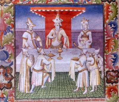 مشهد وجبة على طاولة الخان العظيم في أرض كاثي المصغرة في "" كتاب العجائب "" ("" ديفايسمنت أوف ذا وورلد "" ، "إيل ميليوني") "، مخطوطة fr 2810 (الورقة 136) أضاءه سيد Boucicaut وكتبه ماركو بولو ماركو (125 بواسطة (وورشة عمل) Boucicaut Master