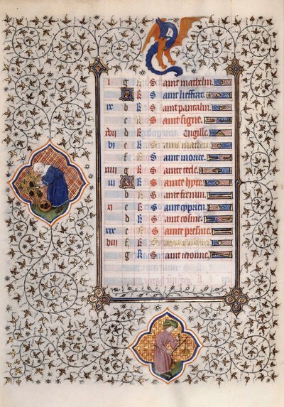 صفحة مخطوطة "Les Tres Riches Hours du Duke Francois de Guise" التي أضاءها سيد Boucicaut: تمثيل علامات الأبراج والعمل الزراعي: التوازن والحصاد. القرن ال 15. متحف كوندي ، شانتيلي بواسطة (وورشة عمل) Boucicaut Master