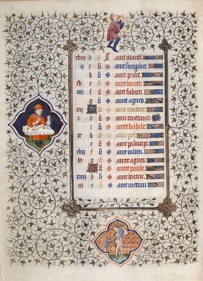 صفحة مخطوطة "Les Tres Riches Hours du Duke Francois de Guise" التي أضاءها سيد Boucicaut: تمثيل لعلامات الأبراج ومشاهد من الحياة اليومية: برج الدلو ومشهد وجبة. القرن ال 15. متحف كوندي ، شانتيلي بواسطة (وورشة عمل) Boucicaut Master