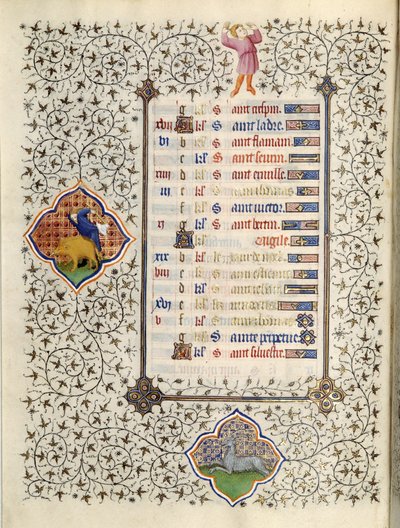 صفحة مخطوطة "Les Tres Riches Hours du Duke Francois de Guise" التي أضاءها سيد Boucicaut: تمثيل لعلامات الأبراج ومشاهد من الحياة اليومية: الجدي وصيد الخنازير البرية. القرن ال 15. متحف كوندي ، سي بواسطة (وورشة عمل) Boucicaut Master