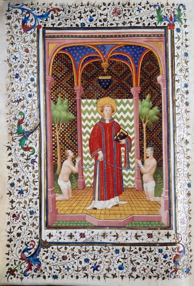 تمثيل القديس ليونارد (القرن السادس) ، ناسك ليموزين ، إطلاق سراح سجينين صفحة من مخطوطة "Les Tres Riches Hours du Duke Francois de Guise" التي أضاءها سيد Boucicaut. القرن ال 15. متحف كوندي ، شانتيلي بواسطة (وورشة عمل) Boucicaut Master