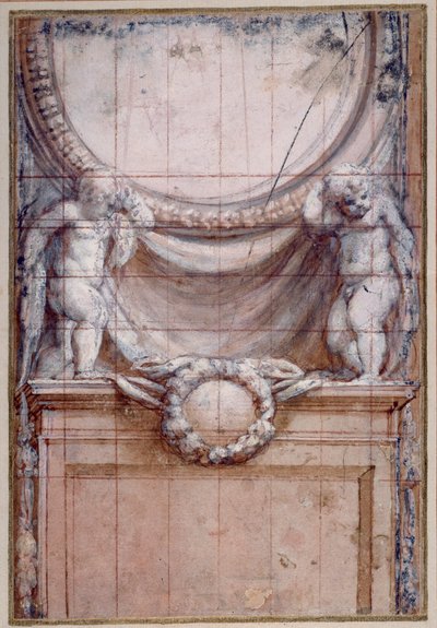 Two putti supporting a blank medallion (red chalk heightened with white on paper) بواسطة (1489-1534) كوريجيو
