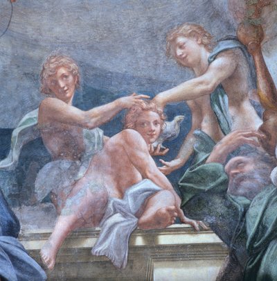 Youths on balcony, by Antonio Allegri Da Correggio (1489-1534) Detail of frescoes in cupola of Parma Cathedral, Italy بواسطة (1489-1534) كوريجيو
