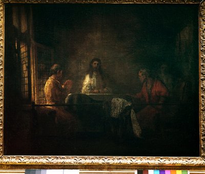يظهر حجاج عمواس المسيح للحجاج جالسين على طاولة في نزل في عماوس. رسم ورشة عمل هارمنز فان راين ديت رامبرانت (1606-1669) بواسطة استوديو رامبرانت هارمنز. فان راين