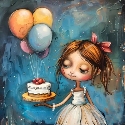 فتاة تحمل كعكة عيد ميلادها وبالونات، مطبوعات قماشية مؤطرة بواسطة فشتالي عبد الرحيم