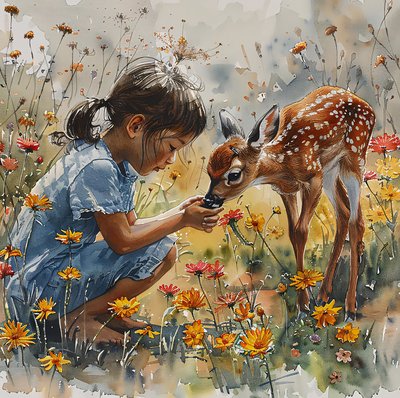 لوحة مائية فتاة تُطعم غزالاً صغيراً، غزالاً مرقطاً بواسطة فشتالي عبد الرحيم