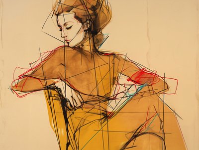 رسم توضيحي ورسم لامرأة جالسة، صورة شخصية في فستان بني أنيق، مطبوعات فنية بواسطة فشتالي عبد الرحيم