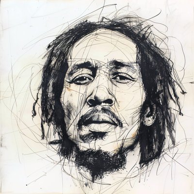 رسم تخطيطي بسيط لبوب مارلي، المغني الشهير بوب مارلي، مطرب مشهور، موسيقى، مطبوعات ديكور حائط بواسطة فشتالي عبد الرحيم