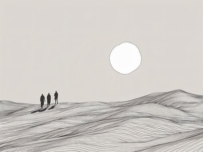 رسم تخطيطي بسيط، رجال يسيرون في موكب شمس الصحراء، مطبوعات فنية على الإنترنت بواسطة فشتالي عبد الرحيم